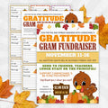 editable fall theme gratitude gram fundraiser flyer template with candy grams distribution flyer and full candy gram sheet with cutouts for diy fundraising for schools and church. personalize in Canva for fun and inexpensive character building activity by Simple Desert Designs